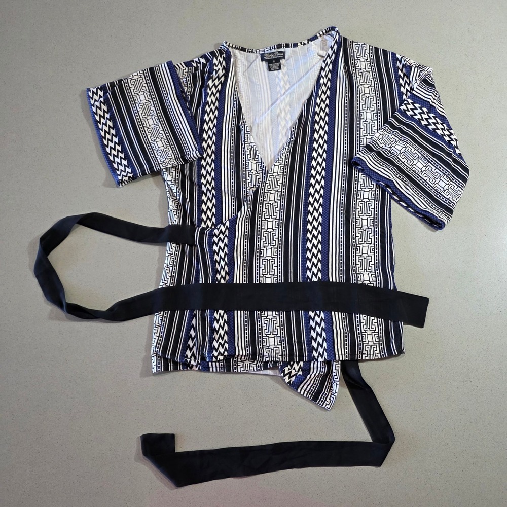 Lucky Brand Women Blue Black White Geometric Tribal Print Wrap Top S